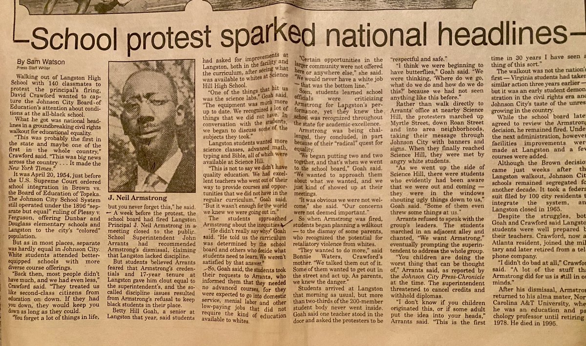 cjgood_22's tweet photo. 1. April 20, 1954–Johnson City, TN
140 students from Langston (JC’s black HS) walked out in protest of an unjust firing of their principal; they walked up Myrtle St, Roan St, towards Science Hill (JC’s white HS) &amp; the school board where they were met by opposing white students... https://t.co/5c0f9cqPH6