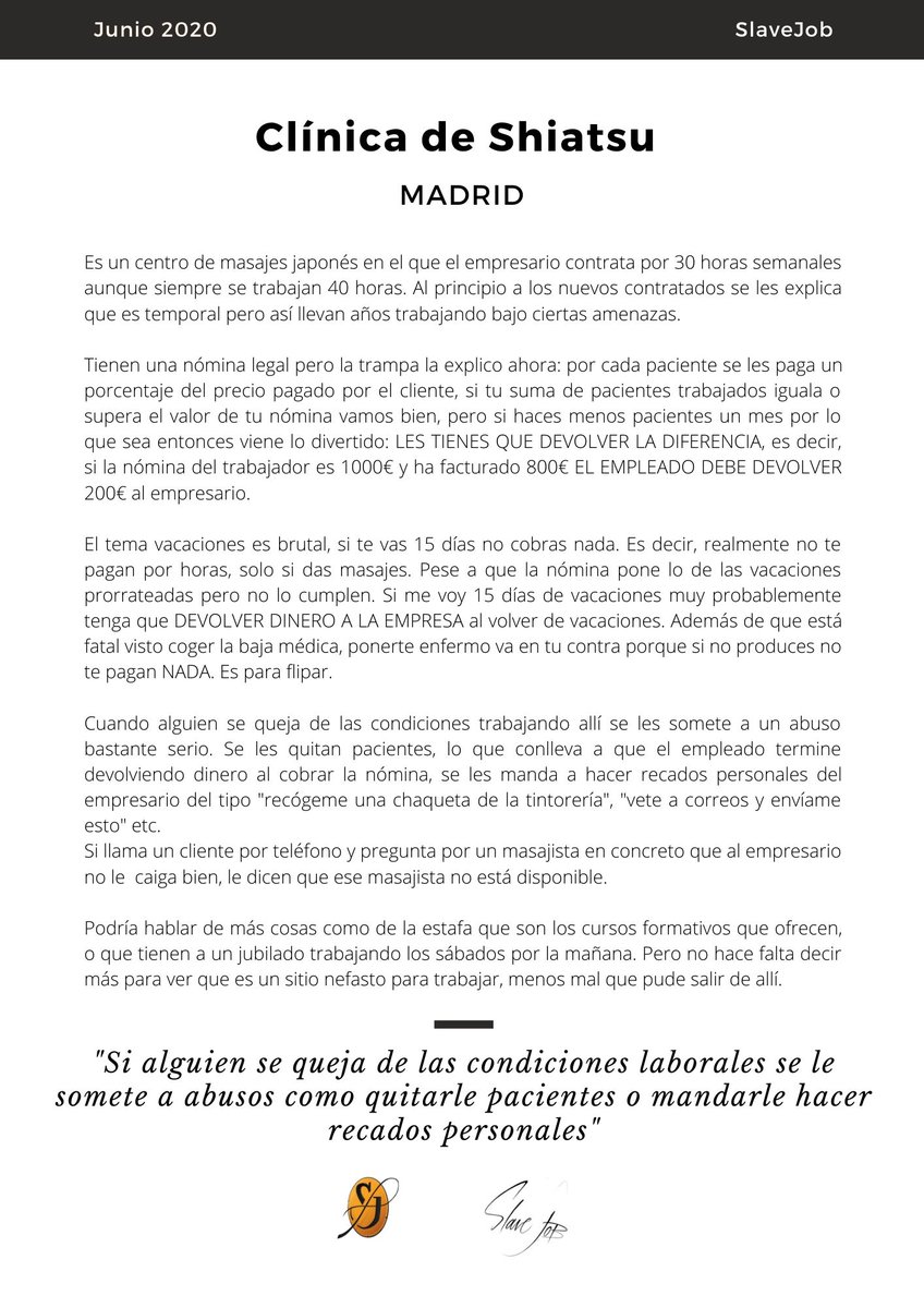 JobsticeOficial's tweet photo. Experiencia en la "Clínica de Shiatsu" de Madrid.
Empleados contratados por horas viéndose obligados a devolver dinero de sus nóminas si no llegan a un mínimo establecido por la empresa.
#SlaveJob #Precariedad #Madrid #ClinicaShiatsu https://t.co/jkmhvk7COJ