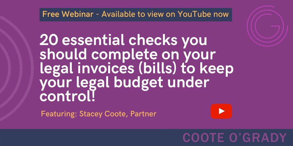 COGLegal's tweet photo. Our latest webinar is now available to view.
Stacey Coote, is discussing the 20 essential checks we recommend you should do on your legal invoices (bills) - Watch it here - https://t.co/Ig0TeeMedA
#legalbudget #legalbill #legalinvoice #webinar #legalspendmanagement https://t.co/i8sC0qwNCX
