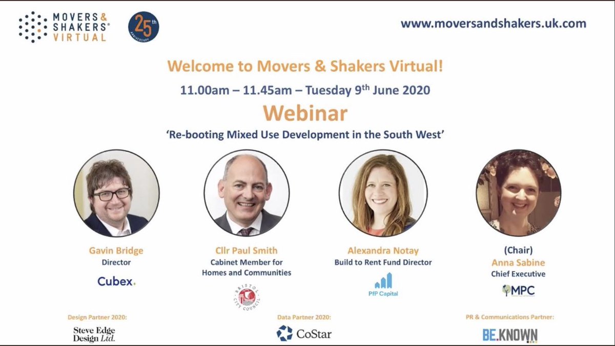 Superb @MoversShakersUK webinar on ‘Re-booting Mixed Use Development in the South West’. Superbly chaired by @msannasabine with panelist’s @bristolpaul @aknotay and @gavinbcubex.

Informed discussions on #NetZeroHomes #LaterLiving #Modular

@fgouldconnect @bristol_pm