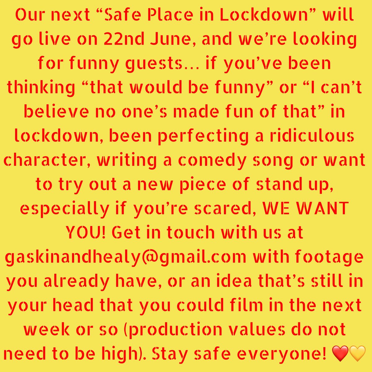 Come play with us! “Safe Place in Lockdown” premiered on YouTube live on 25th May. You can watch it here: youtube.com/watch?v=oXztpk… 
Our next “Safe Place in Lockdown” will go live on 22nd June, and we’re looking for funny guests… WE WANT YOU! ❤️💛