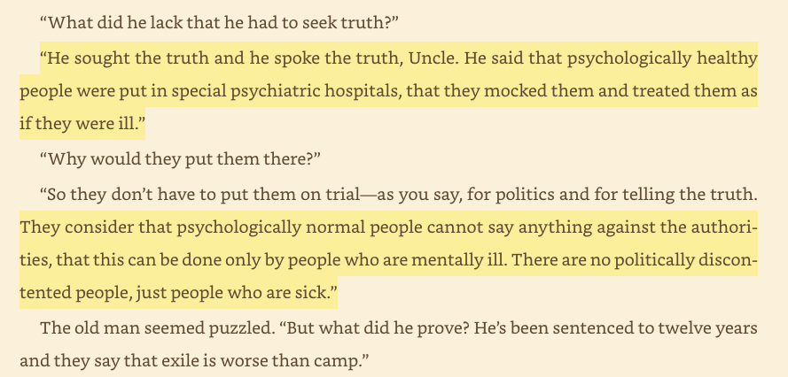 robkhenderson's tweet photo. "[Soviet officials] consider that psychologically normal people cannot say anything against the authorities, that this can be done only by people who are mentally ill. There are no politically discontented people, just people who are sick.” https://t.co/pn2KqM4ZlG https://t.co/YTIbBRuqEz