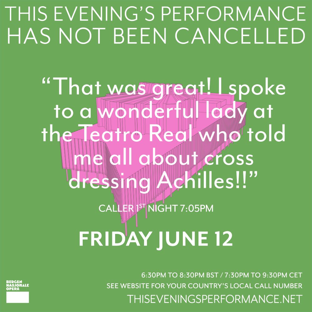 ThisEvesPerf's tweet photo. Quote from a caller last wk! We invite u to phone FRI JUNE 12 &amp; experience the unexpected! See wbst for numbers,dialling in costs same as local call,just use yr national nmbr https://t.co/b1kEsdQg9F #isolationopera #operabyphone #thiseveningsperformance #notcancelled #iloveopera https://t.co/9NDZn84hVu