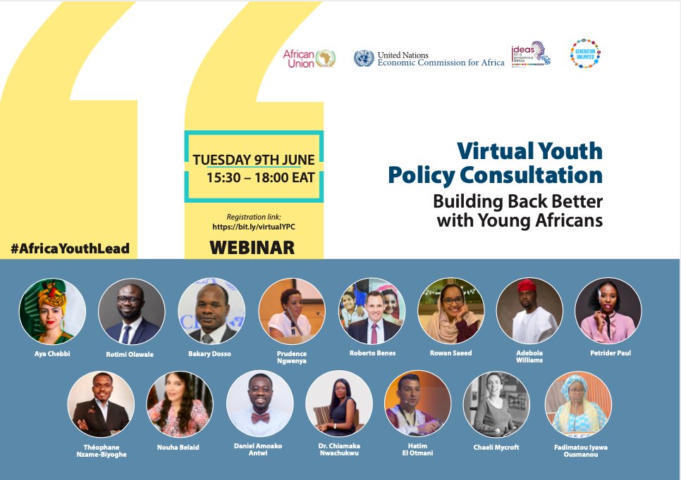 #YAMies 
You are invited to a Virtual Youth Consultation on the theme: “COVID 19 in Africa: Building Back Better with Young Africans”

Vous êtes invités à la Consultation Virtuelle des Jeunes sur le thème: « COVID 19 en Afrique: Reconstruire en mieux avec les Jeunes Africains »
