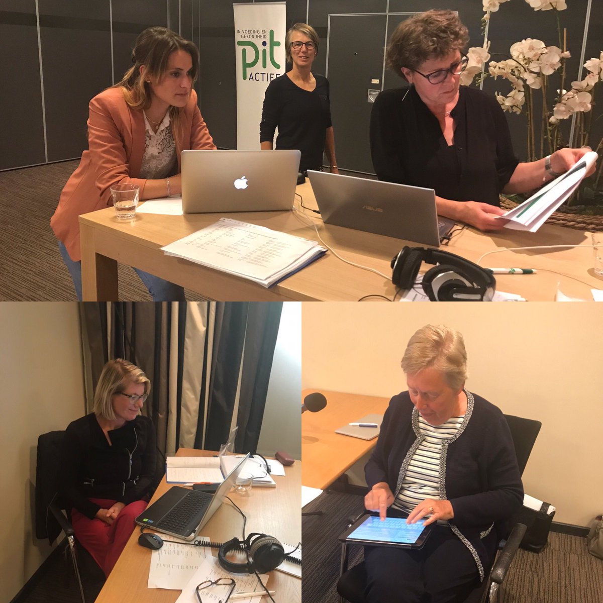 Online overleg tussen deelnemers Leergang Medicatie en voeding en de vier docenten, die bijeen zijn gekomen. Fijne interactie met vragen en uitwisseling ervaring. pitactief.nl/scholing/ <a href="/PITActief/">PIT Actief</a>