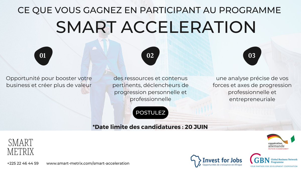 SMART_METRIX_'s tweet photo. #SmartAcceleration est une opportunité exceptionnelle offerte par le #SIJOBS #GBN #GIZ et SMART METRIX
Qu’attendez-vous pour déposer votre candidature ? Cliquez ici https://t.co/O7UXs0cR7m
#Entrepreneur #business #BusinessCoaching https://t.co/vYwMgU9nAR