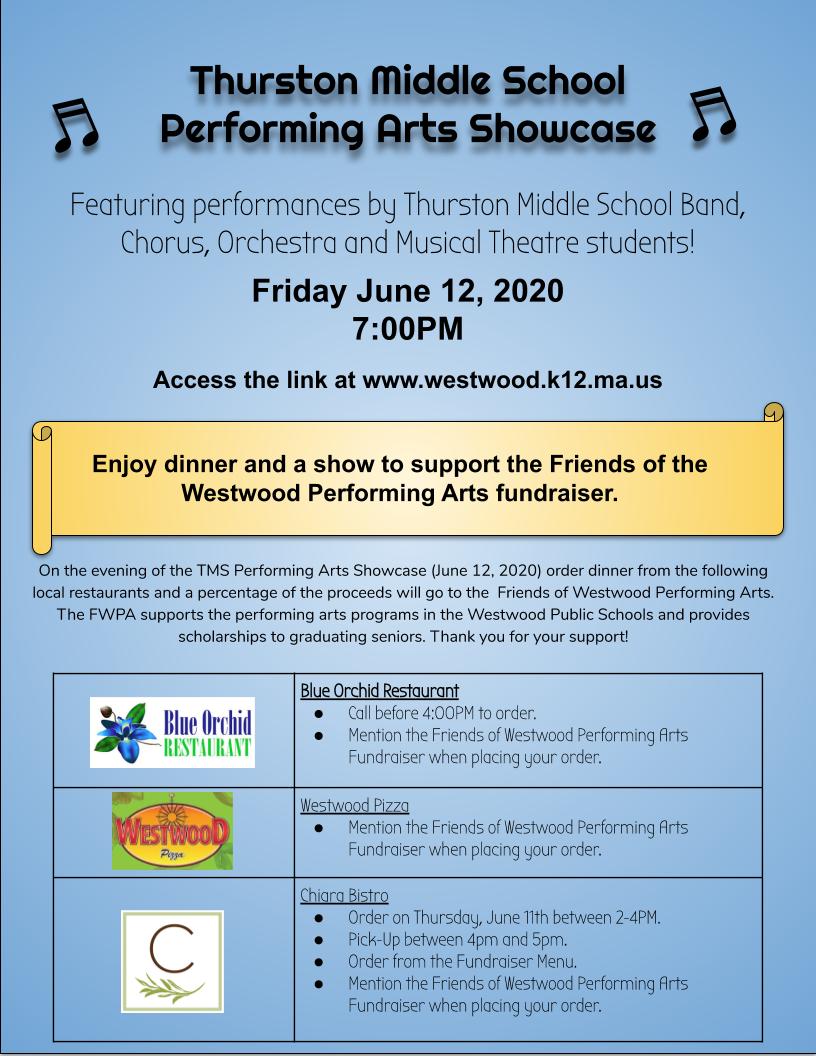 westwood_ps's tweet image. Enjoy dinner and a show to support the Friends of Westwood Performing Arts, featuring performances by the Thurston MS band, chorus, orchestra, and musical theater students.