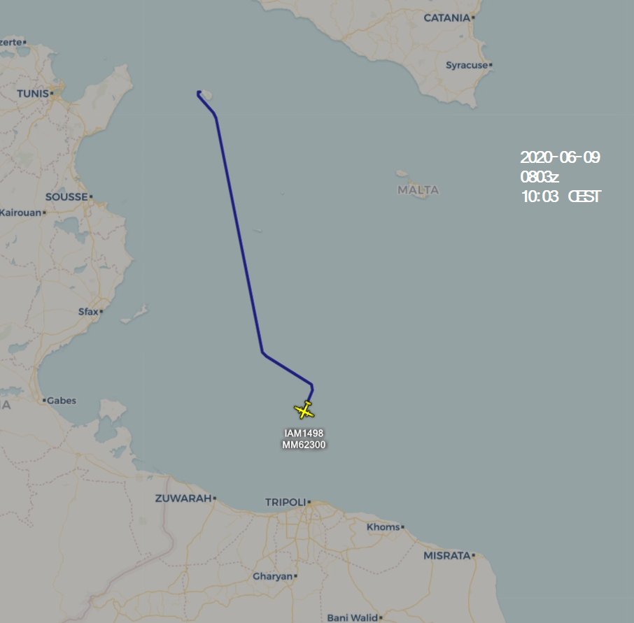 scandura's tweet photo. Today in area
🔢 thread
2020-06-09
1111z ⏱️ 13:11 CEST
🛩️ Italian Air Force 🇮🇹 Beech 350ER #MM62300 returning to Pantelleria AB after an ISR mission over Libyan SRR.
🔒without full traceroute 📉
#Libya #Libia 💣💥
#migrants #migranti https://t.co/OwjuQQcwP1