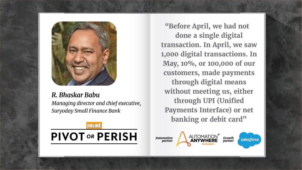 #PivotOrPerish | We are now targeting 50% of customers. But hopefully, if we do 25%, it still gives us confidence that even a microfinance customer can go completely digital -  <a href="/baski2009/">Baskar Babu R</a>, MD &amp; CEO <a href="/SuryodayBank/">Suryoday Small Finance Bank</a> tells Mint's @GopiGopa

#CEOSpeak #COVID19 

livemint.com/companies/peop…