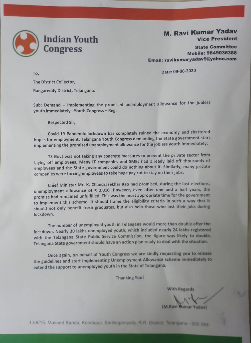Ravi Kumar Yadav On Twitter Met Shri Amoykumarias Collectorrrd Today And Handed Over A Letter Demanding Telangana Government To Take Action And Provide Allowances To The Unemployed Youth Of The State I