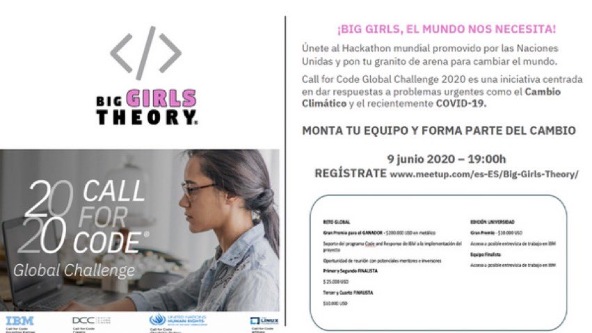 biggirlstheory's tweet photo. 💡¿Qué no se te ocurre que hacer hoy a las 19:00? Ya te lo decimos nosotras 🙋♀️ apúntate a nuestro webinar sobre el reto mundial #call4code y ayuda a cambiar el 🌍 ¡ahí queda eso! ¿Aceptas el reto? 💪 https://t.co/Q20jj9EZDg