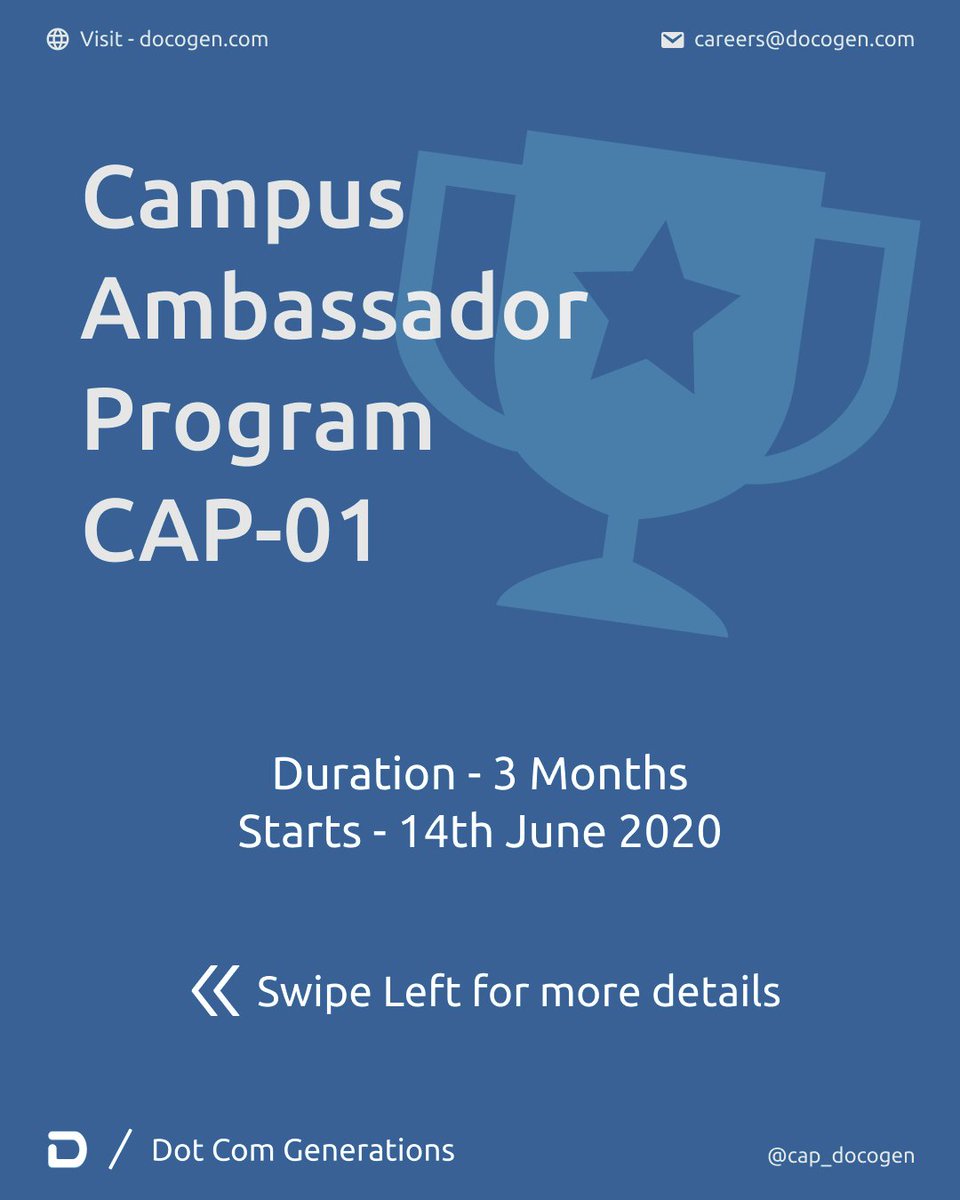 _DoCoGen's tweet photo. Campus Ambassador Program - CAP 01.
Registrations open!
https://t.co/NEAIc9xect
#docogen_cap
#dotcomgeneration
#docogen
#dotcomgenerations
#studentpartner
#campusambassador
#campusambassadorprogram https://t.co/oXaPZjwonu