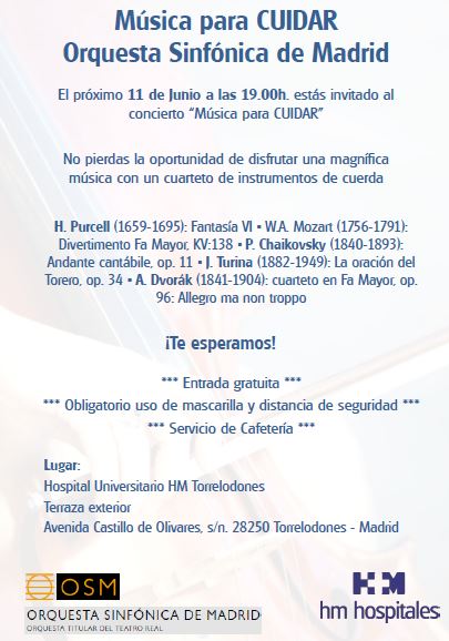 🎼El próximo 11 de Junio a las 19.00h. estás invitado al concierto “Música para CUIDAR” 

🏥 Hospital HM Torrelodones
*** Entrada gratuita ***
*** Obligatorio uso de mascarilla y distancia de seguridad 

Más información y programa completo: bit.ly/3dNEXLU