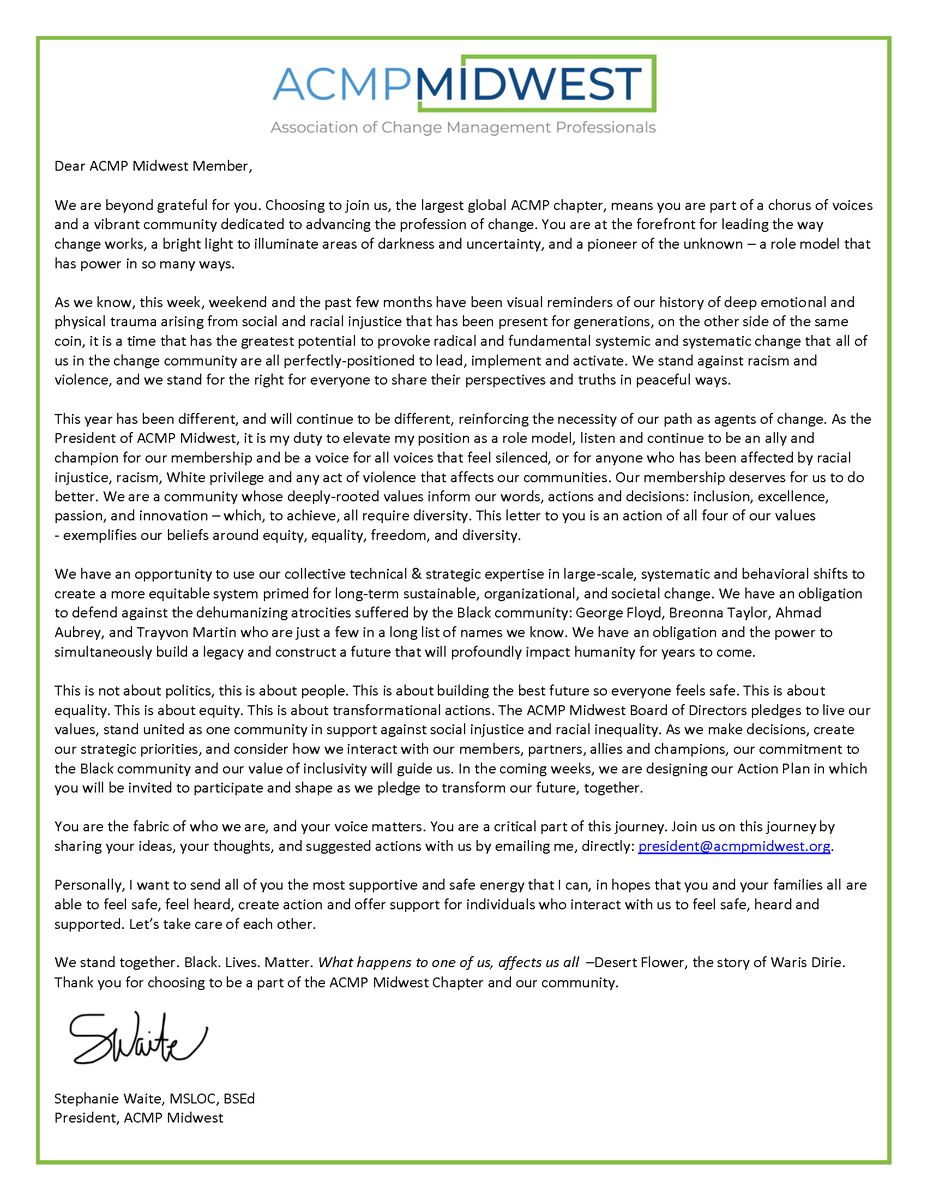 We stand together!  Please read below a letter from Stephanie Waite, President of ACMP Midwest.

acmpmidwest.org/resources/Docu…

#acmpmidwest #BEthechange