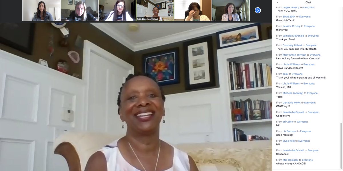 GRChamber's tweet photo. The first Virtual ATHENA Leadership Forum is officially underway featuring Candace Matthews, Chief Reputation Officer with @Amway!

A big thanks to our Premier Sponsor, @PriorityHealth for supporting this incredible program! 

#CreateGreatCommunity #ATHENAGrandRapids https://t.co/R7cYfH1usH