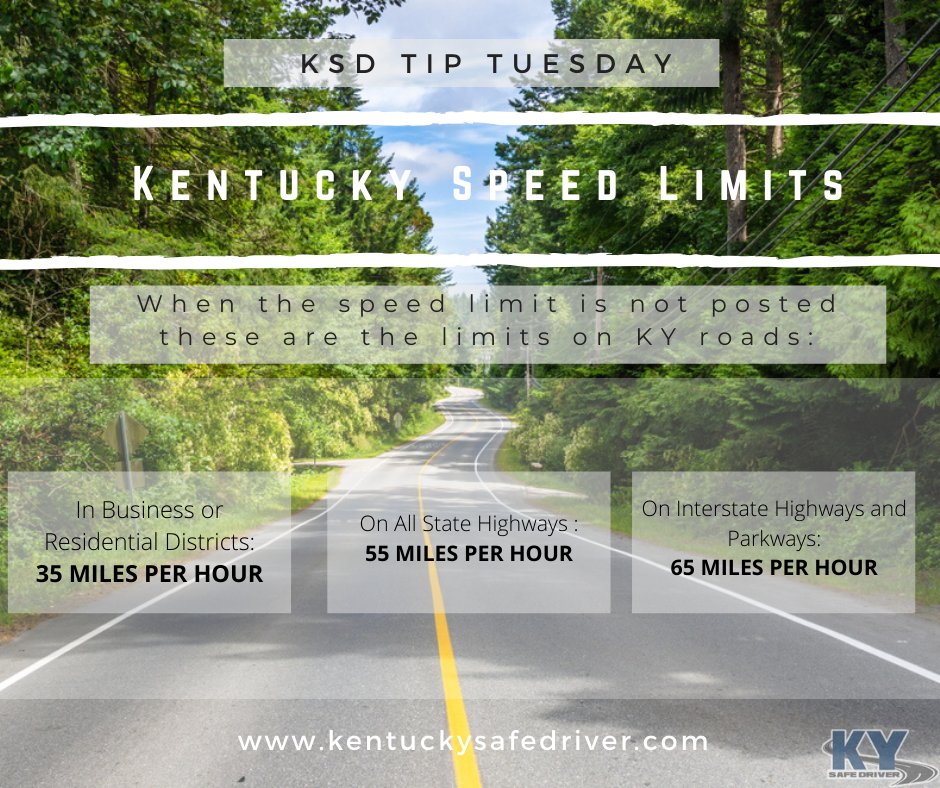 KySafeDriver's tweet photo. It's KSD TIP TUESDAY time! 
See below on our tips for speed limits when signs aren't posted. 
#ksdtiptuesday #kentuckysafedriver #aliveat25 #defensivedriving https://t.co/zTREJ0VlAI