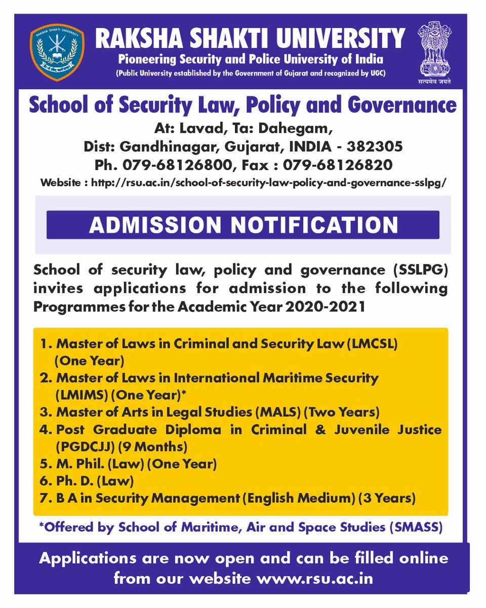 RakshaUni's tweet photo. #Admission2020 update!
The #SSLPG and #SMASS have opened #OnlineAdmissions for these courses.
Find more here - https://t.co/AfHzjaO0GE
#Criminal Law
#Maritime security
#Legal studies
#Security management
#SecurityAcademy #LegalStudies
#CriminalLaw #SecurityLaw #SecurityStudies https://t.co/DbJvvn9iDD