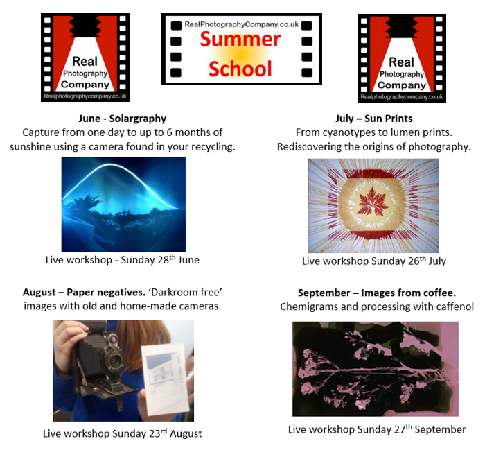 Real Photography Company Summer School. 
Escape from digital and embrace the experimental by joining our free alternative photography summer school.
Videos and printable instructions will be available to all at:   
realphotographycompany.co.uk/events-courses 
#Altphoto
@realphotographycompany