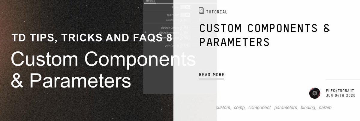 1null1's tweet photo. Check out this introduction to Custom Components and Parameters.
In this tutorial, create a Base Comp with custom parameters, so you can create your own reusable components.
#learnTD #Tutorial #CustomParameters #TouchDesigner
https://t.co/uBmIYI5cKw https://t.co/ahfsf40WWz