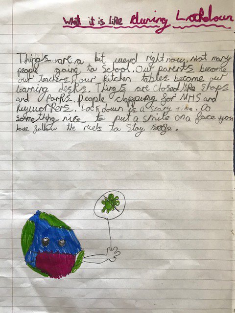 MountStewartSch's tweet photo. Olivia in year 3 has written a lovely reflective piece to encompass some of the experiences of the lock-down. Well done Olivia, 5 house-points have been awarded to you! #TMSS3M https://t.co/acAKasv813