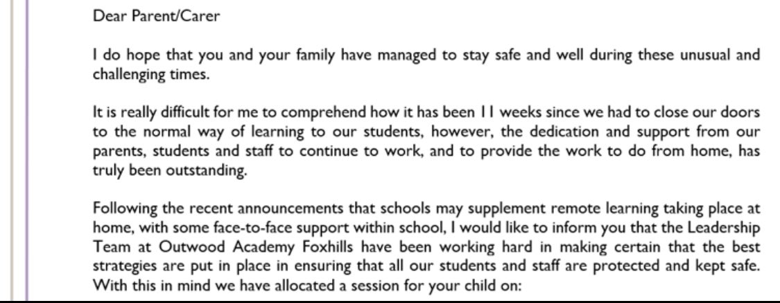 OutwoodFoxhills's tweet photo. Letters have been posted home to invite Y10 students back into the Academy for face-to-face sessions to supplement home learning. Please read to ensure you’re aware of your allocated session. We have worked hard to ensure student and staff safety #lookingforwardtonextweek https://t.co/l8Bx4FLQ3a