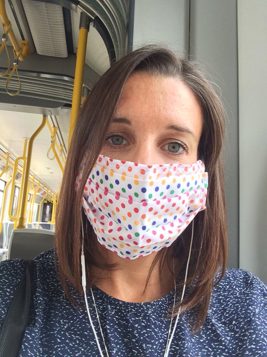 First trip on public transport in over 11 weeks. First wear of a face covering made by my mum #metrolink #manchester #Covid19UK