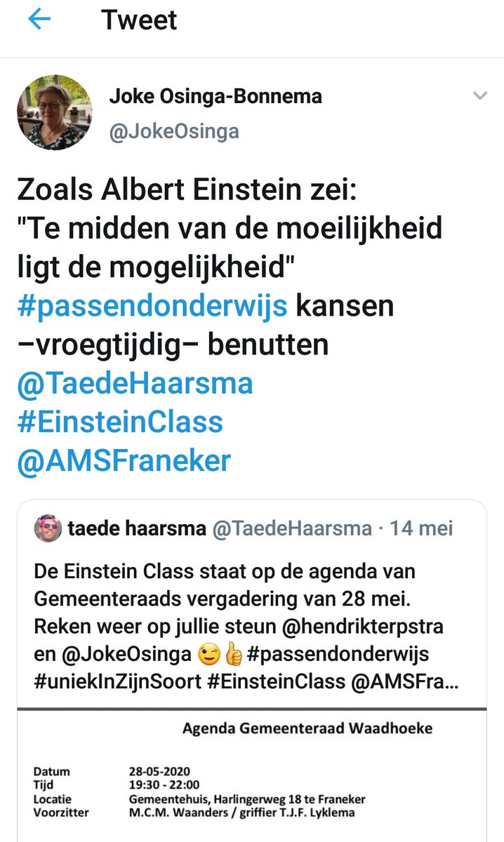 JokeOsinga's tweet photo. "Te midden van de moeilijkheid ligt de mogelijkheid"
Wat mooi.....mijn citaat van Albert Einstein, als positieve reactie op de voorzetting van de @AMSFraneker #EinsteinClass, wordt nu gevolgd als quote bij het Webinar Ondernemen (10 juni 2020) @Gem_Harlingen en @Waadhoeke https://t.co/NxiZgg0OCf
