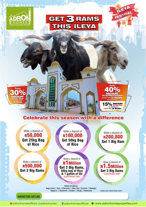 #1.5m gets 3 big Rams(Land/House Sale)
15% discount on Half plots(No gift attached) payable within 36 months.

40% discount on outright (0-12 months). No gift attached.
This is an opportunity you can’t afford to miss !!!Call/WhatsApp: 08055904137 for your purchases and inspection