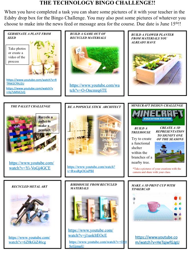 LisaMactbay's tweet photo. Put together a fun little Kickstart Technology at-home Bingo challenge! It’s safe to say not even a global pandemic can deter amazing creativity /design skills @LakeheadSchools! #technology #experientaillearning https://t.co/PAScWy8ZPw