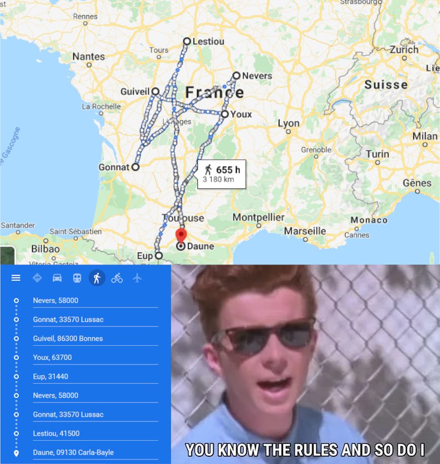 simongerman600's tweet image. You&apos;ve just been Rick-Rolled in French on @GoogleMaps! What a superb #badgeographyjoke. Source: buff.ly/2MBMQbm
