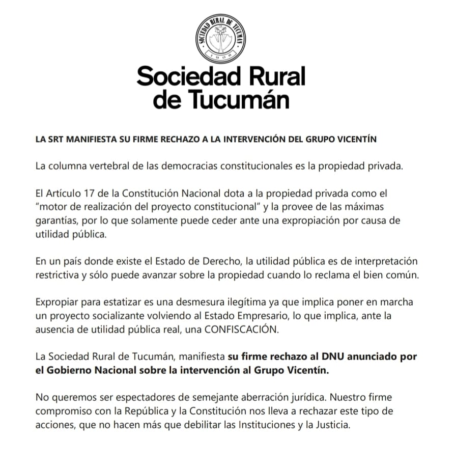 Desde la Sociedad Rural de Tucumán manifestamos nuestro absoluto rechazo a la intervención del Grupo Vicentín