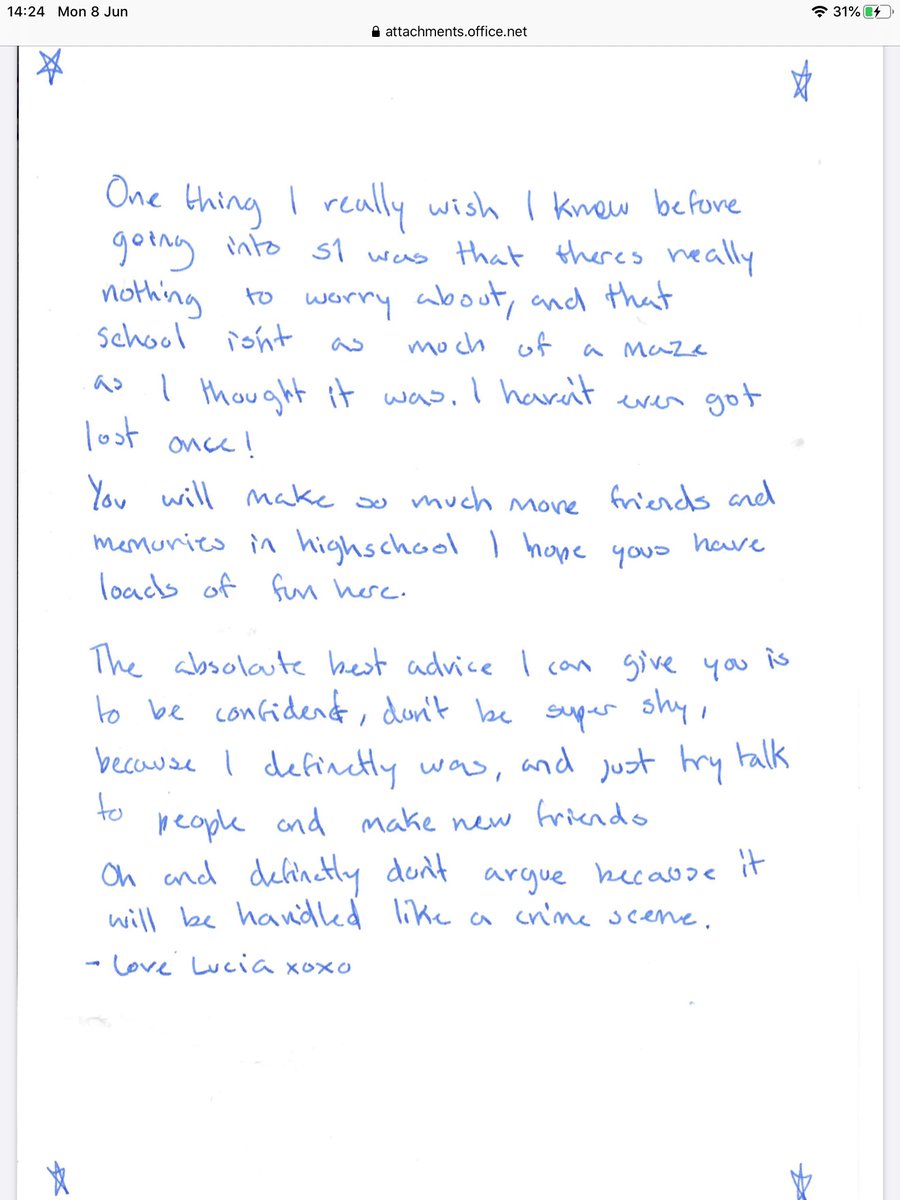 P7Academy's tweet photo. Another wonderful letter for our new S1 full of advice. This time Lucia shares her experience. 😀👍⭐️ https://t.co/uMcZqTBlWy