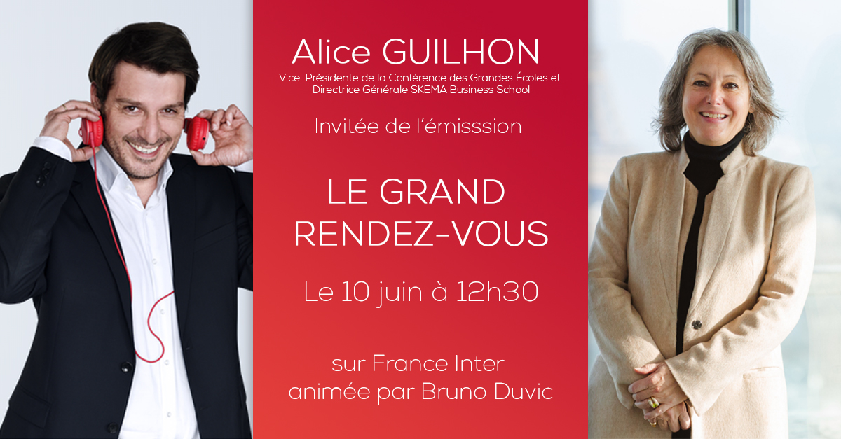 Alice Guilhon, Vice-Présidente de la <a href="/ConferenceDesGE/">Conférence des grandes écoles</a> et Dean #SKEMA, sera l'invitée de <a href="/BrunoDuvic/">Bruno Duvic</a> dans l'émission "Le Grand Rendez-Vous" sur <a href="/franceinter/">France Inter</a> le mercredi 10 juin à 12h30. Elle évoquera notamment le sujet des écoles de commerce pendant la crise et la rentrée 2020.