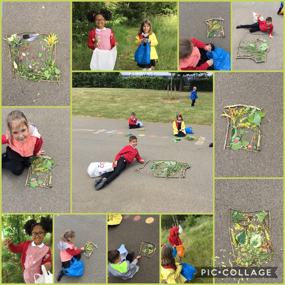 GreenfieldsKS1's tweet photo. Year one have had a lovely afternoon making stick frames and pictures out of wild flowers, grass, leaves and lots of other bits of nature! @DRETnews #forestschool #outdoorlearning https://t.co/acRFsg5w1Z