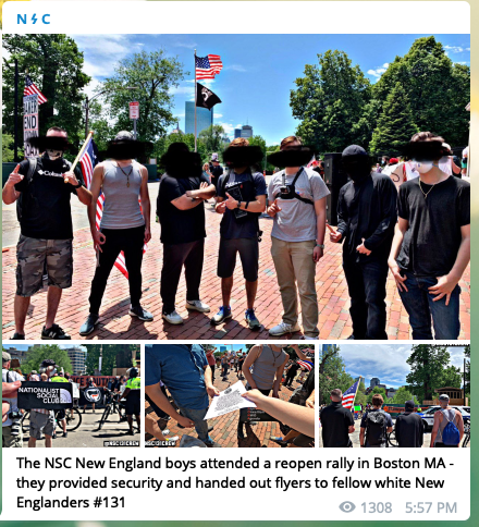 1/ Let's talk about the NSC-131, a neo-Nazi group connecting the Reopen protests to anti-Black Lives Matter vigilante posses.It's Chris Hood, formerly of the Proud Boys, Patriot Front, and The Base.Last week, they did security for Super Happy Fun America at a Reopen rally.  https://twitter.com/nathanTbernard/status/1270015747037765649