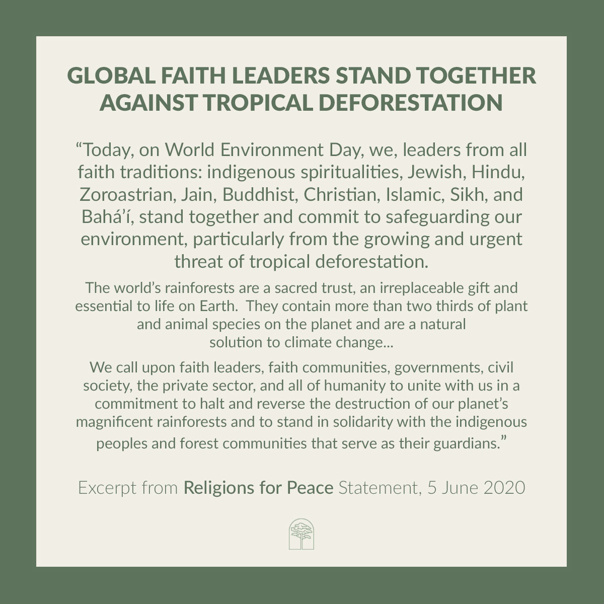 Excerpt from <a href="/religions4peace/">Religions for Peace</a> Statement on #WorldEnvironmentDay, 5 June 2020

Read the full statement "Protecting Rainforests as a Moral and Spiritual Responsibility" at rfp.org/protecting-rai…

#FaithsForForests
