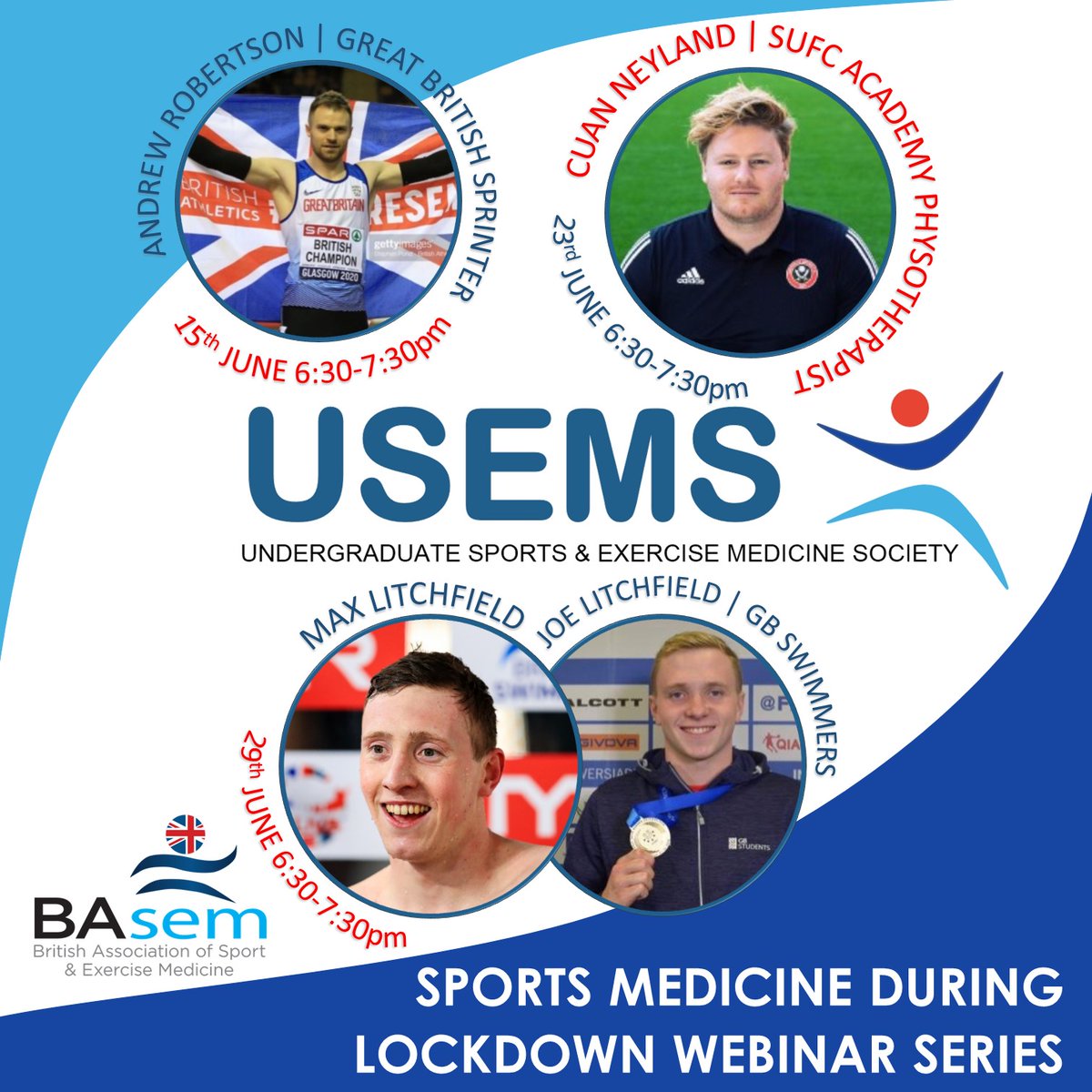 USEMS SPORTS MEDICINE DURING LOCKDOWN WEBINAR SERIES

Join us weekly &amp; hear from the professionals!

JUNE SCHEDULE

Mon 15th | Street Training During Lockdown

Tues 23rd | Player &amp; Injury Management During &amp; Post Lockdown

Mon 29th | Swimming (or not) During Lockdown

#USEMS2020