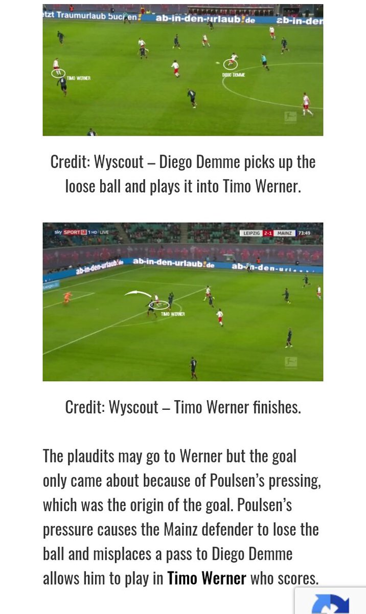 And indeed Poulsen is a powerhouse at Leipzig. Without possession, Poulsen's role is similar to that of Mason Mount at Chelsea. Werner is the poacher. The screenshots below are a courtesy of Totalfootballanalysis and wyscout.