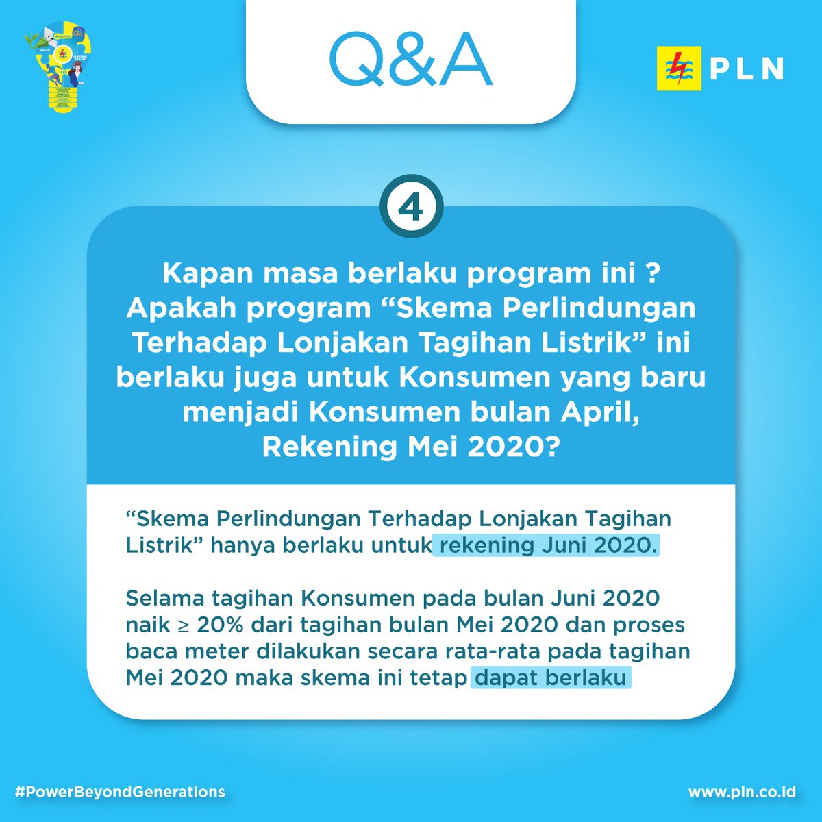 _pln_id's tweet photo. Dengan skema ini, lonjakan yang melebihi 20% akan ditagihkan pada bulan Juni sebesar 40% dari selisih lonjakan, dan sisanya dibagi rata tiga bulan pada tagihan berikutnya.
#PowerBeyondGenerations #PLNAtasiCorona #ListrikUntukSemua #ListrikUntukRakyat #TarifListrikTidakNaik https://t.co/z7Epwm1SF3