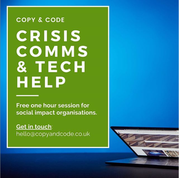 SchSocEnt's tweet photo. Looking for technical or communications support? 

Get in touch with @copyandcodeuk - they're offering free one hour troubleshooting clinics for social impact organisations navigating Covid-19. 

Get in touch via hello@copyandcode.co.uk or visit https://t.co/oFm0Vus8Vp https://t.co/VdJixLieBR