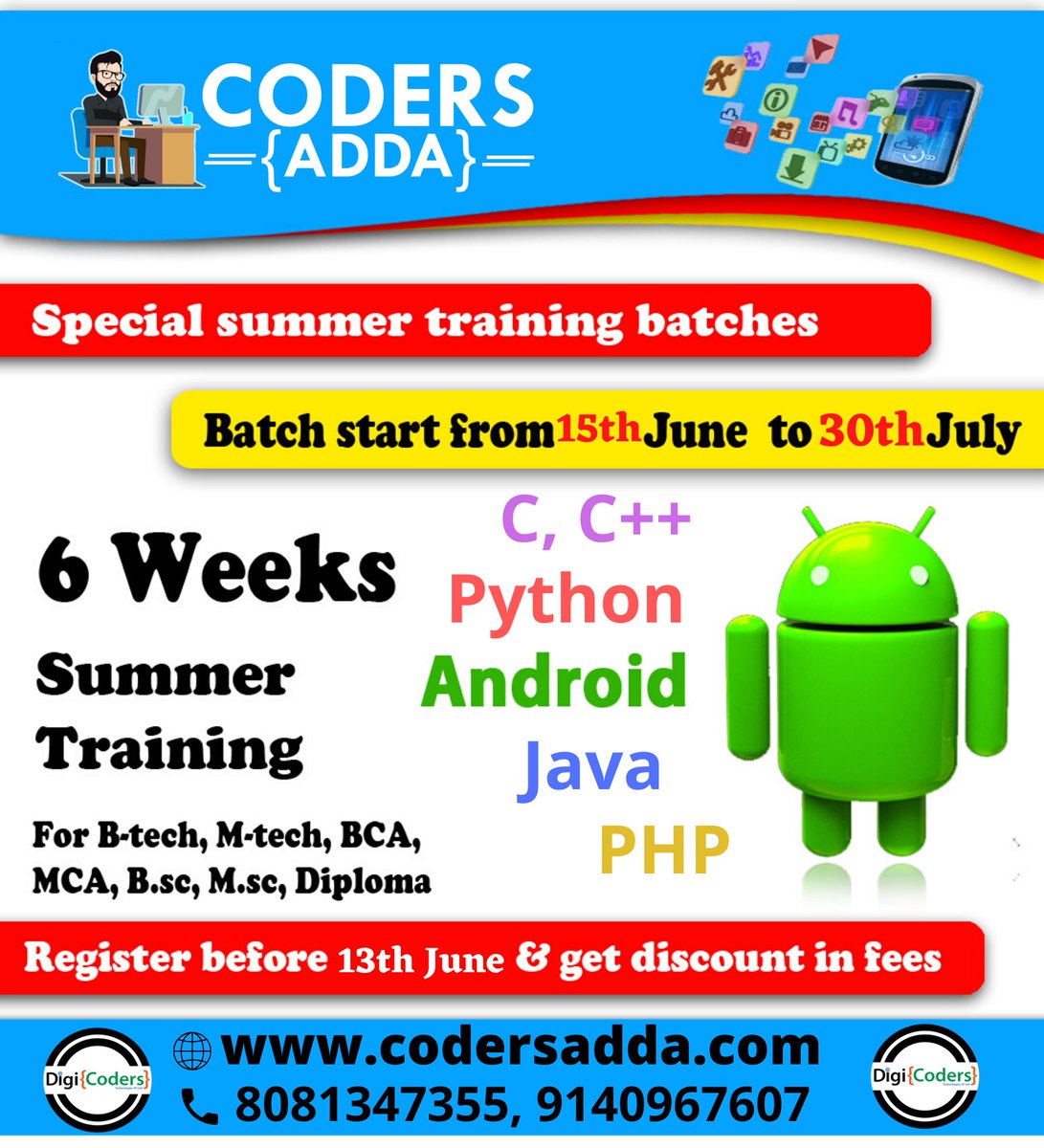 codersaddadct's tweet image. Hello Everyone!
DigoCoders Technologies Private Limited Lucknow के द्वारा  Online Summer Training Program की Online  Class 15th जून से शुरू की जा रही है | अगर आपने  रजिस्ट्रेशन नहीं किया है तो नीचे दिए गए लिंक पर क्लीक करके जल्द से जल्द रजिस्ट्रेशन करे | 
codersadda.com/Home/Registrat…