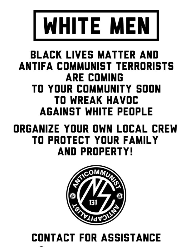 6/ At the moment, they're primarily doing three things.The first is recruiting exploiting fears of Black protesters to create vigilante gangs of reactionary white men.Here's one of their flyers from their Telegram channel. (I cut off the contact info at the bottom.)