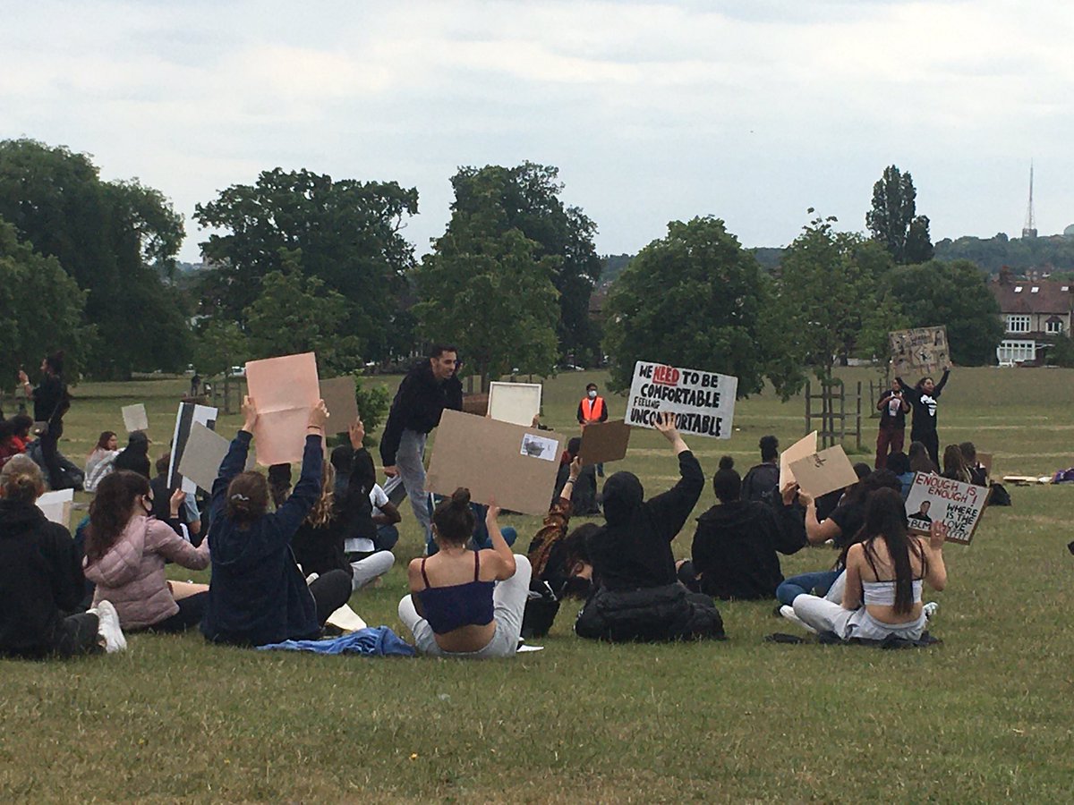 PalmersGreenery's tweet photo. A beautiful peaceful and socially distanced community gathering - almost entirely teens - telling Palmers Green that Black Lives Matter https://t.co/ILV0E2uP5e