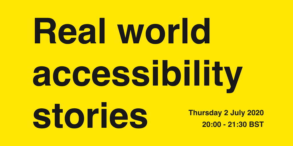 a11ymcr's tweet photo. Learn from the struggles and successes of leading accessibility experts

Real world accessibility stories
Thursday 2 July 2020
19:30 - 21:30 BST
 
AbilityNet
Babylon Health
BBC
Barclays
Co-op
Everyone Can
FOOTASYLUM
HeX Productions
Sparkle Class
W3C

Join:
https://t.co/S61YSsusMf https://t.co/2GlQvqhbOs