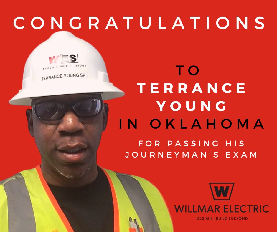 WillmarElectric's tweet photo. Congratulations to Terrance Young in Oklahoma for passing his Journeyman's exam - WAY TO GO Terrance! #willmar1920 https://t.co/2b1apsEggz