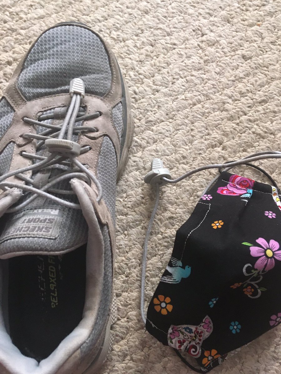 mekhrista's tweet image. I bought some homemade masks from eBay but the ear loops were way too short and tight. I remembered we had these laces on some old shoes, so I attached them to the masks and they worked!  Very comfy now and adjustable. #maskhack