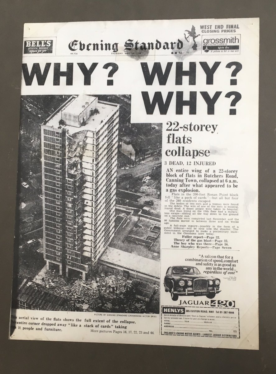 Ronan Point was a tower block in Newham. Just 2 months after opening, an entire corner column of the block collapsed. 5 people died, 17 were injured - luckily most residents were asleep in their bedrooms in the central section away from the collapse. /2