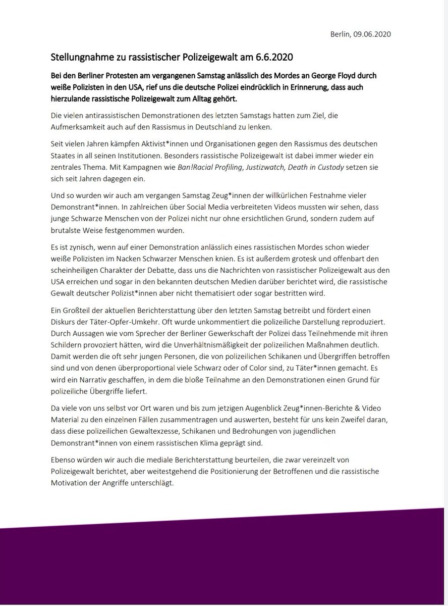 BEMigrantifa's tweet photo. Das ist die offizielle Stellungnahme vom linken Block bei der Silent Demo Berlin zu der rassistischen Polizeigewalt am 06.06.
Bitte lesen und weiterverbreiten!

#b0606 #Polizeigewalt #silentDemo https://t.co/DYsgIK7Pft