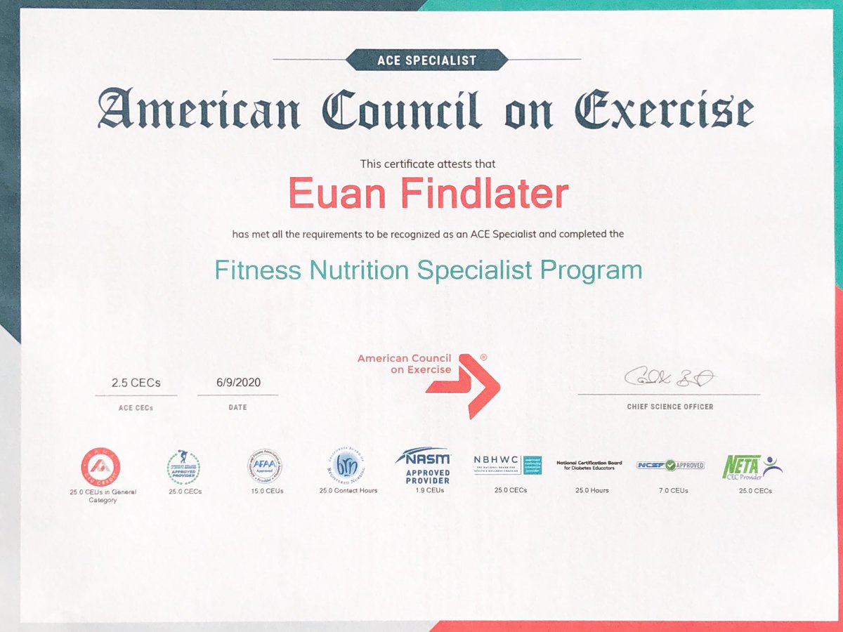 EuanFindlater's tweet photo. I’m really excited about this one: just became an ACE Fitness Nutrition Specialist 😆 https://t.co/dWSsaZC4Ag