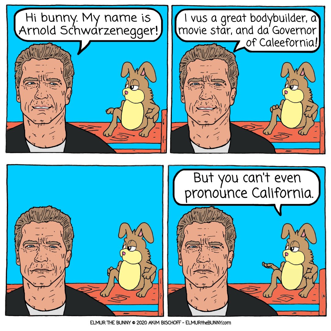 Elmur the Bunny meets Arnold Schwarzenegger in comic strip #034! #Satire  #ElmurTheBunny #comicstrip #comic #comics #webcomic #webcomics #cartoon  #bunny #bunnies #rabbit #rabbits #animals #funny #humor #laugh #jokes #meme  #memes #arnoldschwarzenegger ..., image size:1080x1080